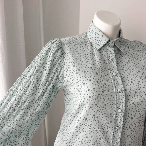 The Shirt Rochelle Behrens Blue Star Print Long Puff Sleeves Button Down Shirt M - Picture 4 of 11